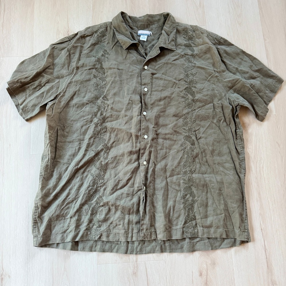 Breakwater Mens 100% Linen Olive‎ Green Short Sleeve Button Up Shirt XXL Beach